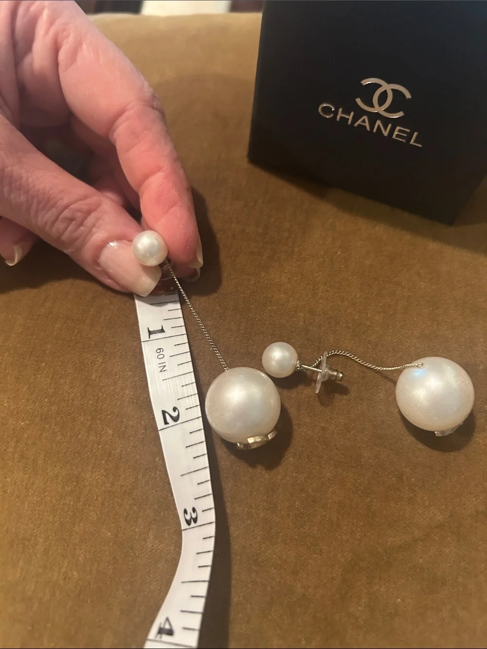 CHANEL White Pearl Double-Sided Drop Earrings with Silver Chains